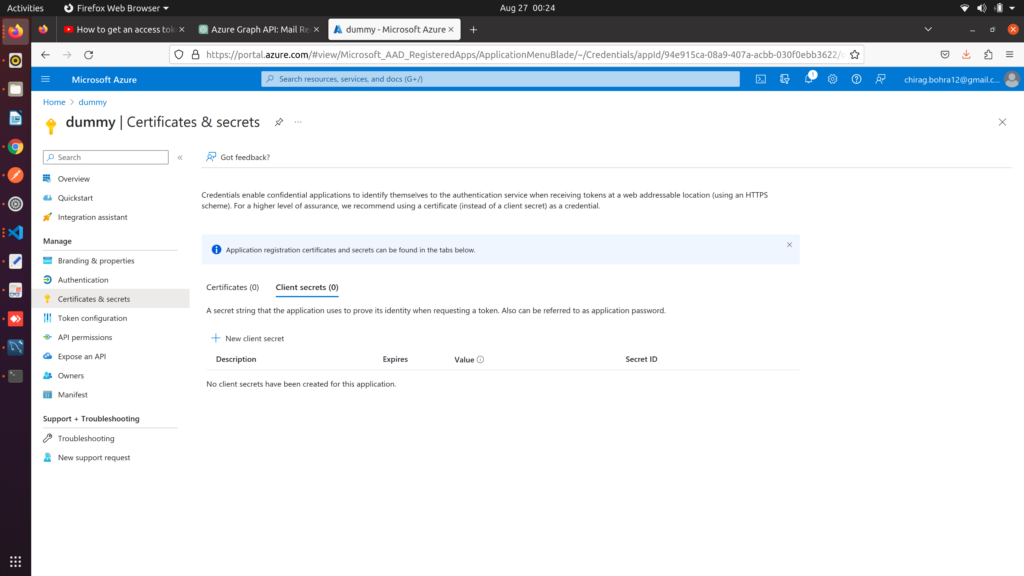 Azure API Client Secret Page